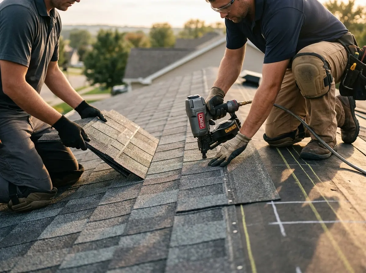 Professional roofer working on a residential roof in Vinings